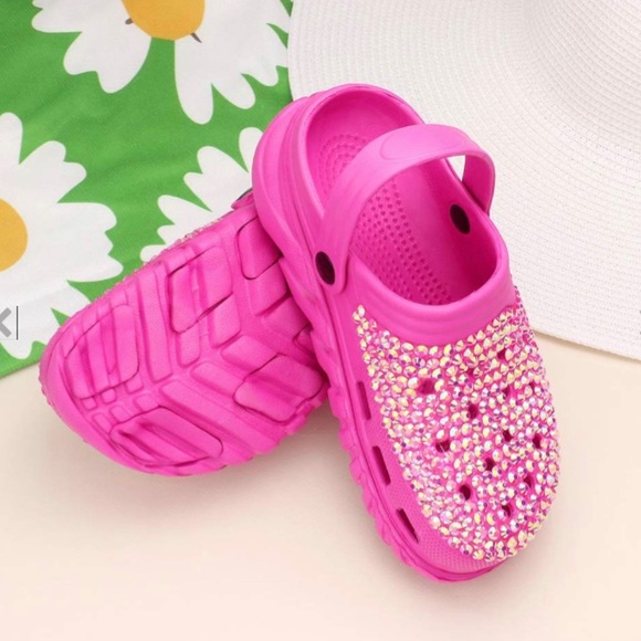 Hot Pink Bling Rhinestone Crystal Slip On Rubber Sandals Croclike Clogs Shoes - Picture 2 of 4